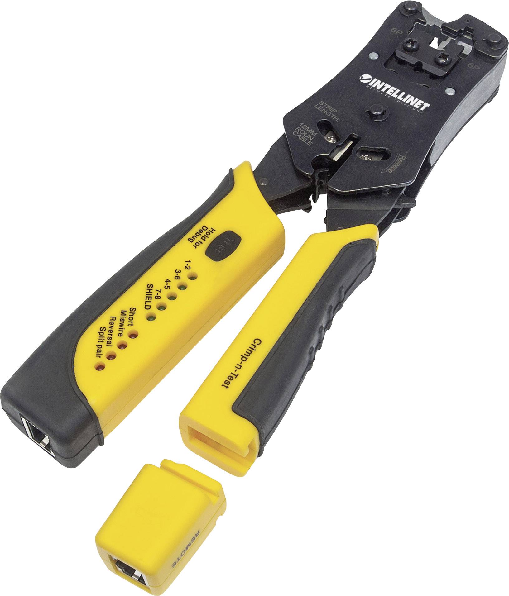 Attrezzo di crimpatura per rete con impugnatura gialla, ideale per la connessione di cavi Ethernet. Include anche un tester per il controllo della connessione.