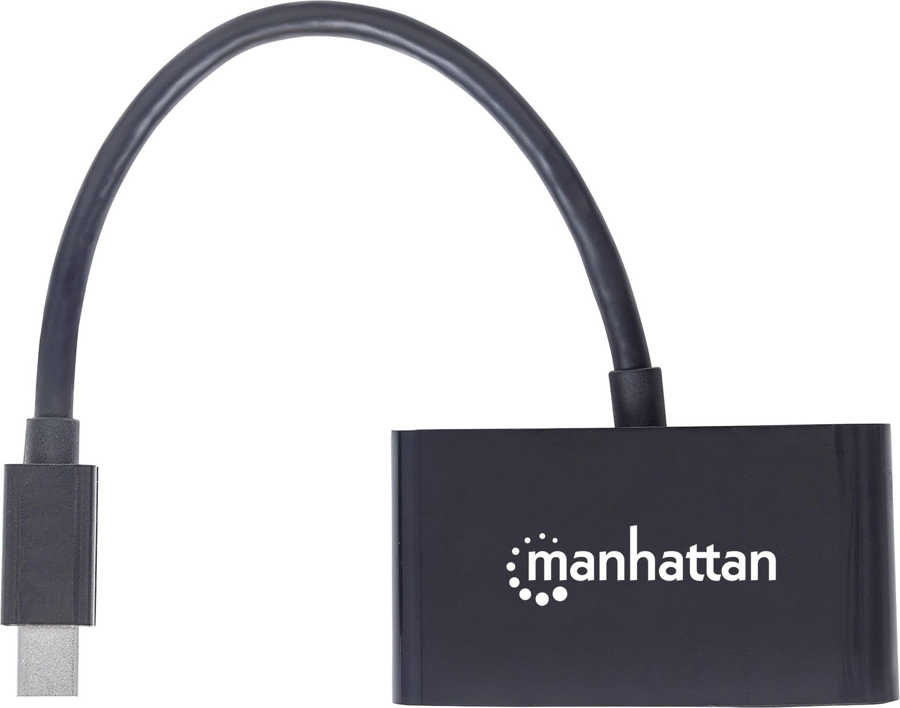 Un adattatore HDMI nero con una porta USB-C, contrassegnato con la scritta 'manhattan'.