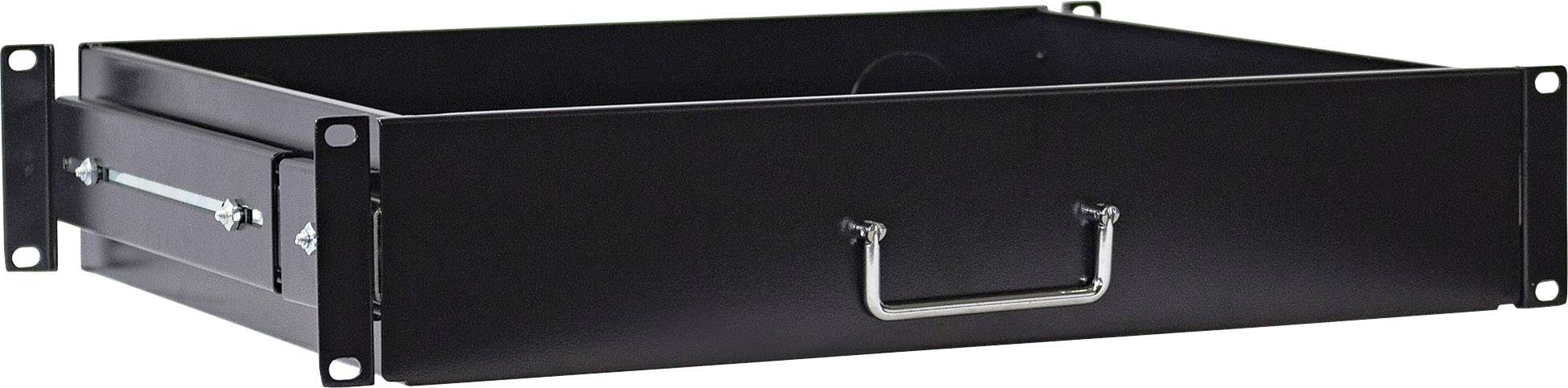 Un cassetto portastrumenti nero in metallo per il montaggio in un rack da 19 pollici, con maniglia frontale e staffe di fissaggio laterali.