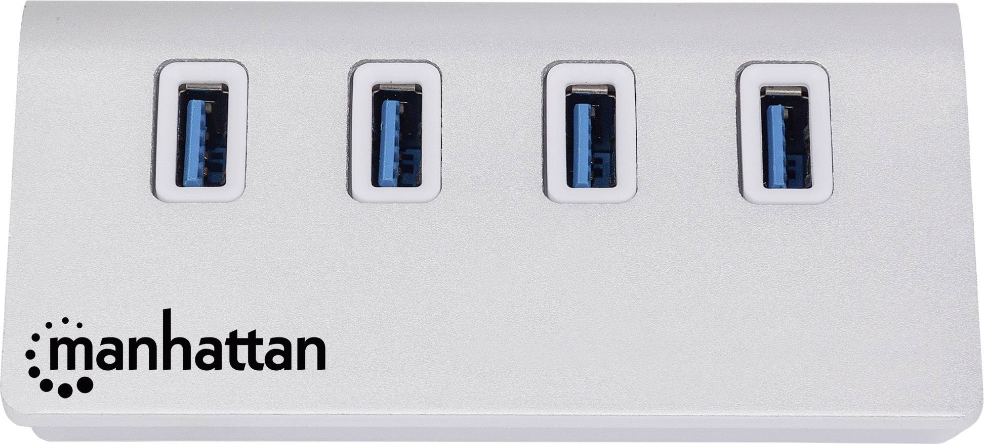 Hub USB argentato con quattro porte USB 3.0 blu e il logo 'manhattan' sul lato frontale.
