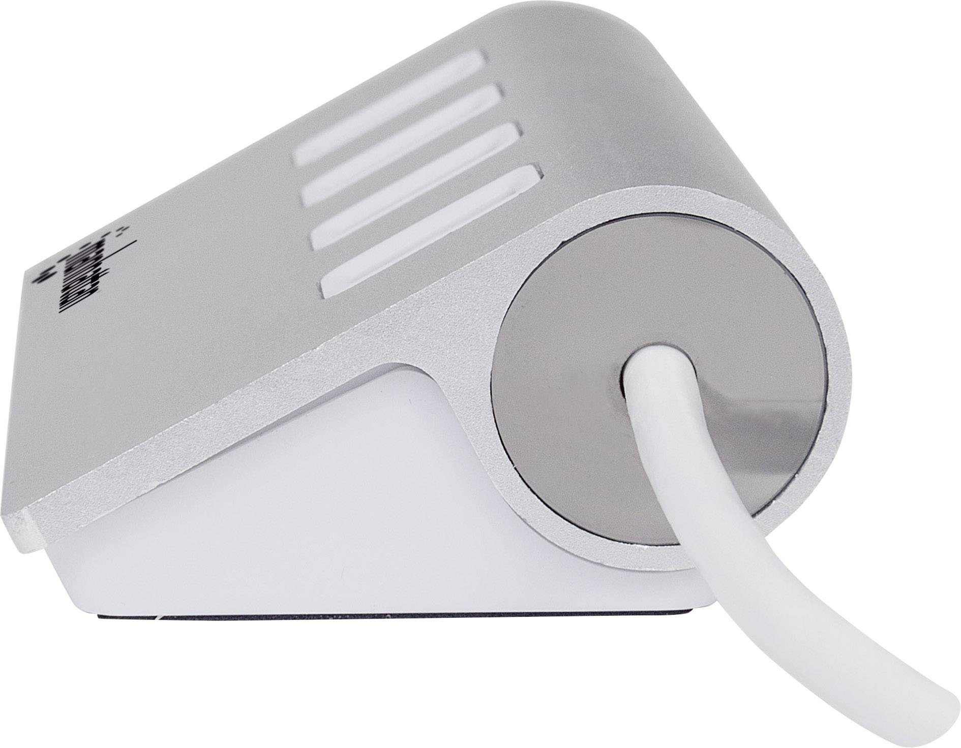 Un dispositivo argentato, rettangolare con angoli arrotondati e un cavo bianco. Presenta diverse fessure di ventilazione sulla parte superiore.
