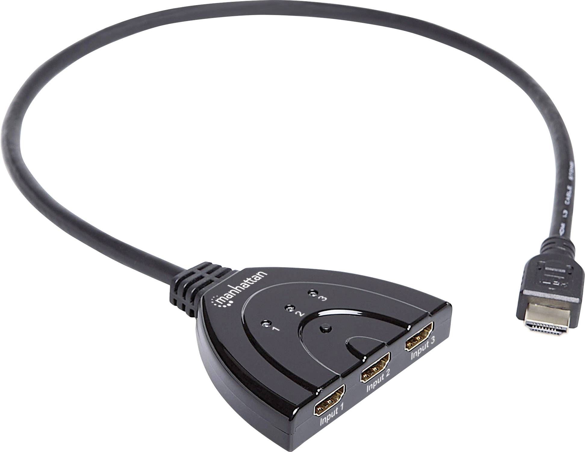 'Splitter HDMI con tre porte di uscita e un ingresso. Design compatto, adatto per collegare contemporaneamente più dispositivi.'