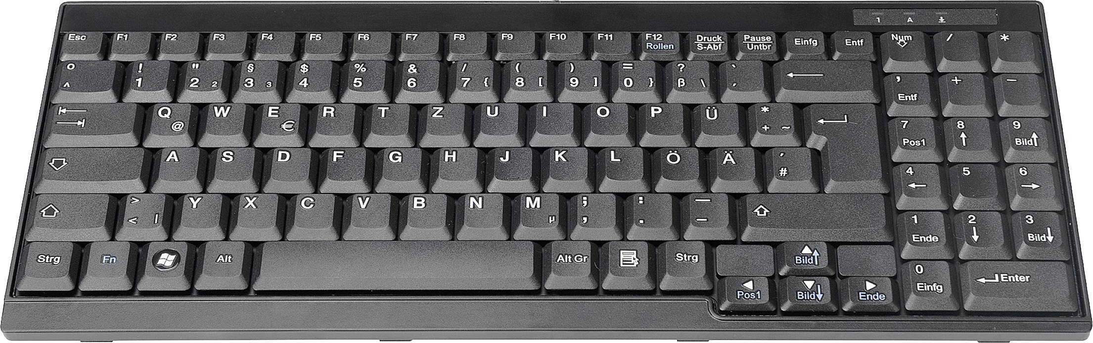 Una tastiera nera per computer con layout tedesco QWERTZ, tasti funzione in alto e un tastierino numerico sulla destra.