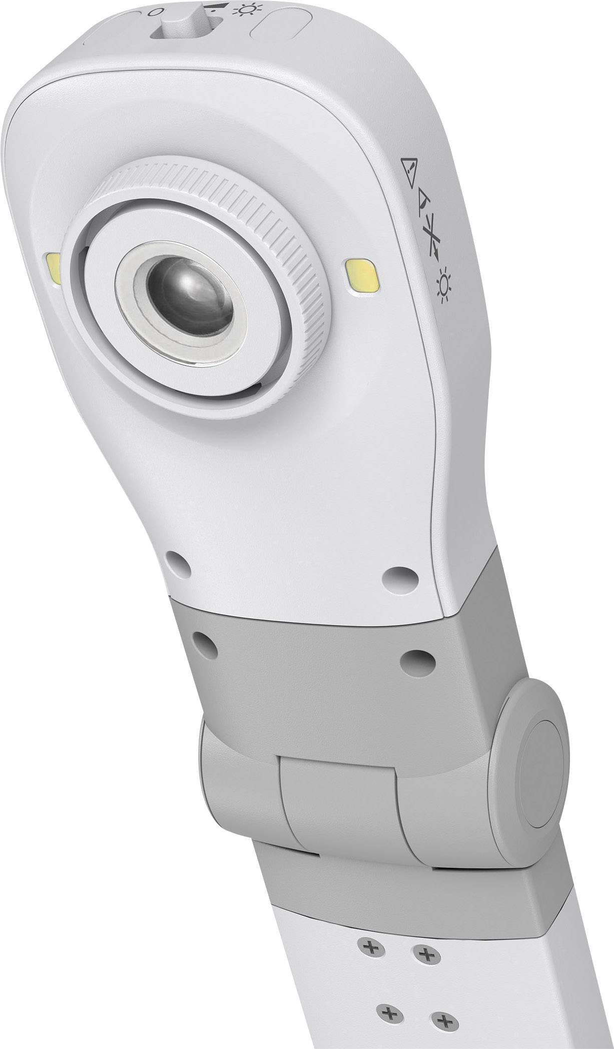 Un dermatoscopio elettronico con un grande obiettivo e un manico ergonomico per l'esame delle alterazioni cutanee.