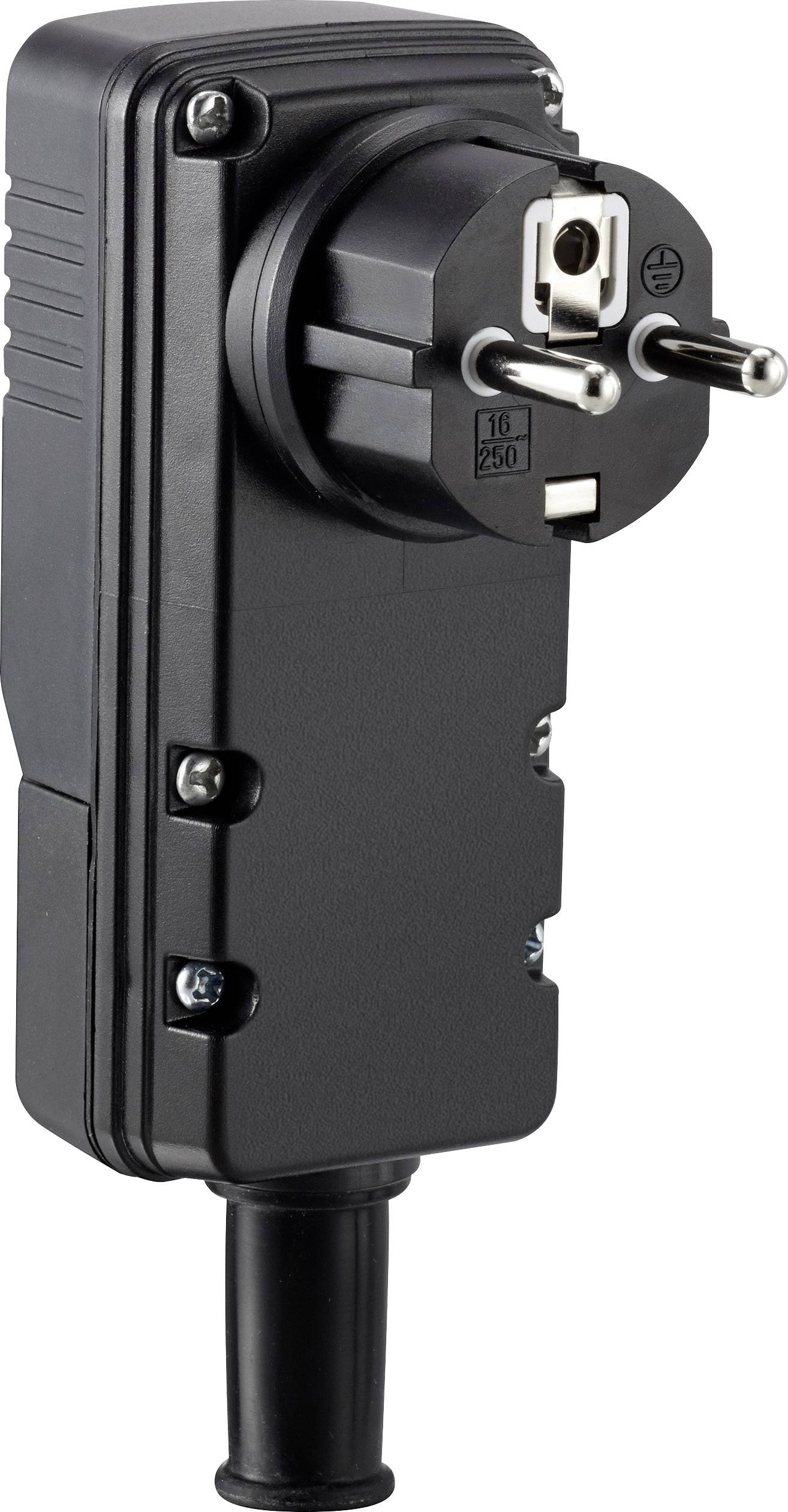 Un adattatore Schuko nero con ingresso laterale per il fissaggio del cavo, adatto per 16A e 250V. Ideale per applicazioni elettriche in Europa.