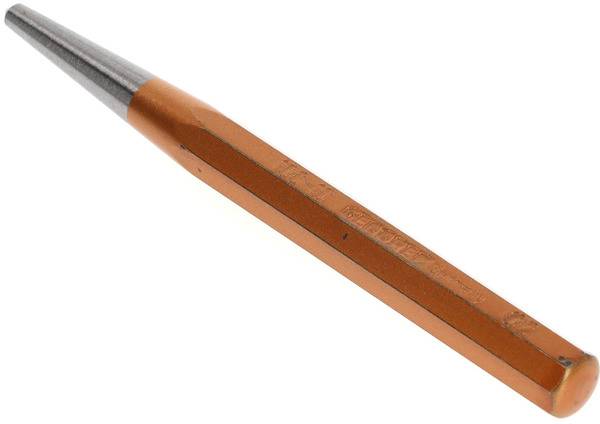 Un cacciaspine conico con impugnatura arancione è poggiato su una superficie bianca. Ideale per rimuovere i bulloni.