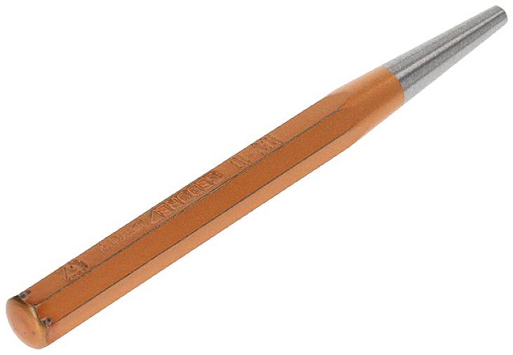 Un punzone arancione con una punta metallica appuntita, utilizzato per contrassegnare punti sulle superfici prima della foratura.