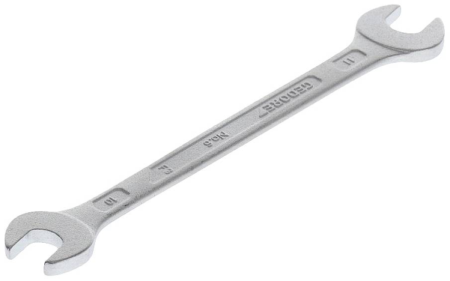 Una chiave inglese d'argento a due bocche aperte, un lato contrassegnato con '10', l'altro con '11'. Utensile per lavori di serraggio.
