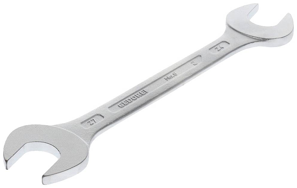 Una chiave inglese doppia con estremità aperte, in argento, misure 24 mm e 27 mm, giacente diagonalmente su sfondo bianco.