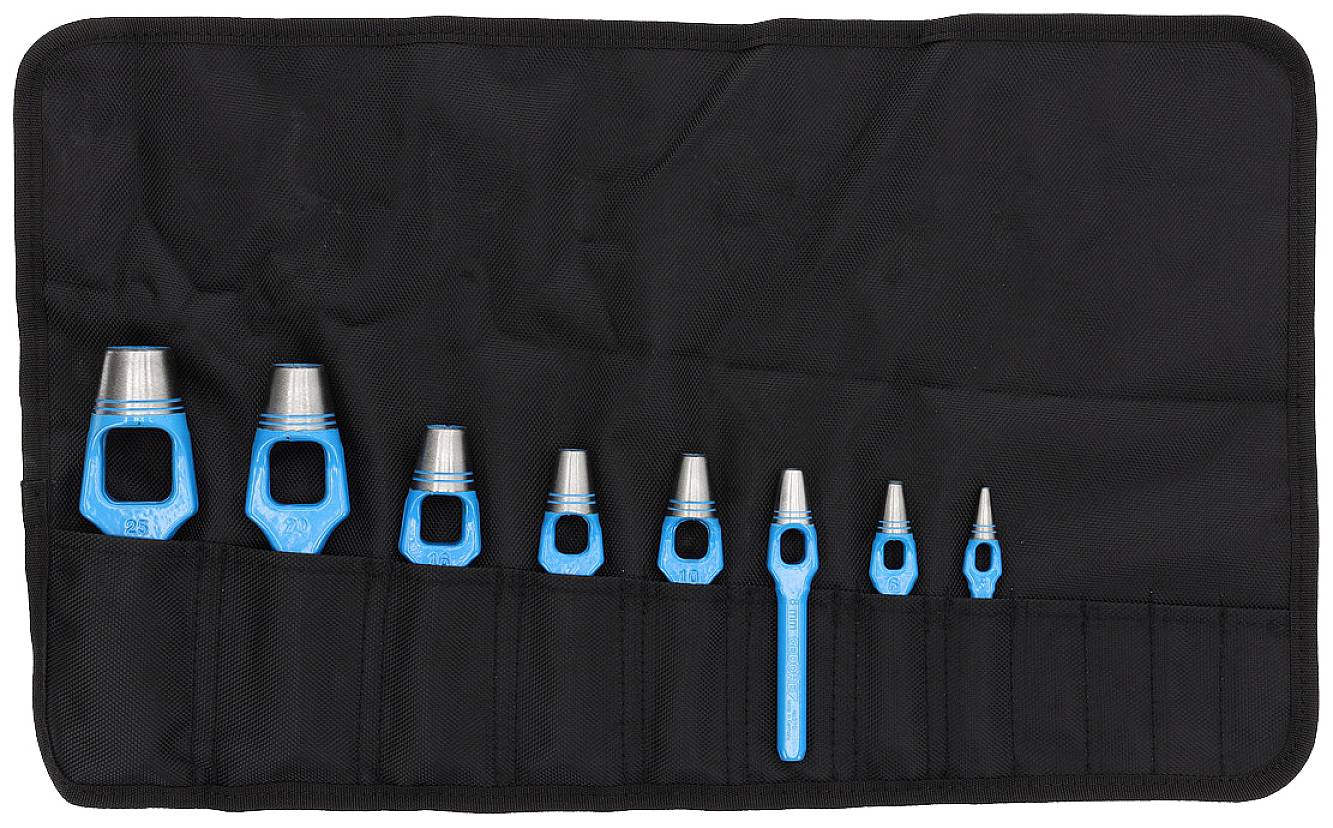 Set di portautensili in una borsa nera, con diverse dimensioni di frese per tubi, disposte in scomparti singoli.