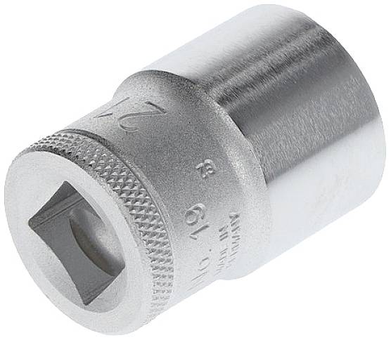 Chiave a bussola in metallo con bordo zigrinato; dimensione 19 mm; attacco quadrato; per un utilizzo agevole con cricchetto o prolunga.