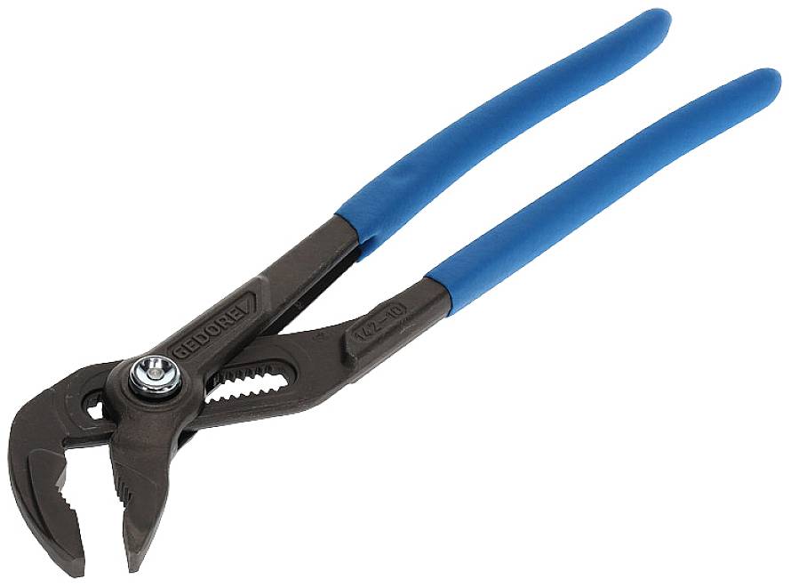 Pinza per pompa dell'acqua con impugnature blu, aperta e posizionata. Ideale per lavori di presa e montaggio nell'installazione idraulica.