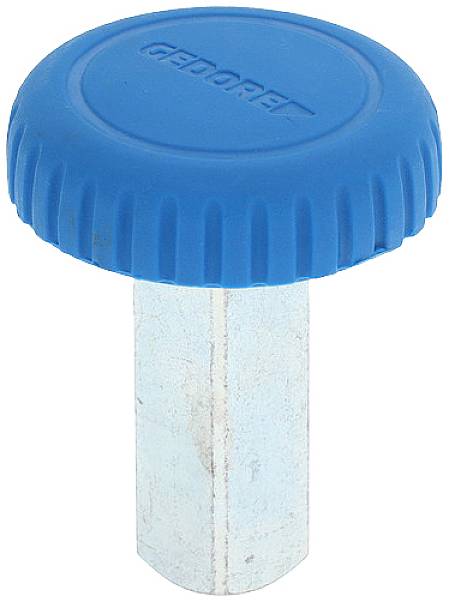 Un utensile blu con impugnatura girevole, dotato di un manico zigrinato in plastica e un perno metallico, utilizzato per fissaggi specifici.