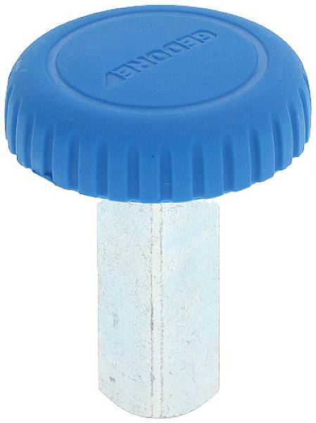 Un manico in plastica blu, rotondo, con bordo scanalato, montato su un'asta esagonale in metallo, idoneo per l'utilizzo manuale.