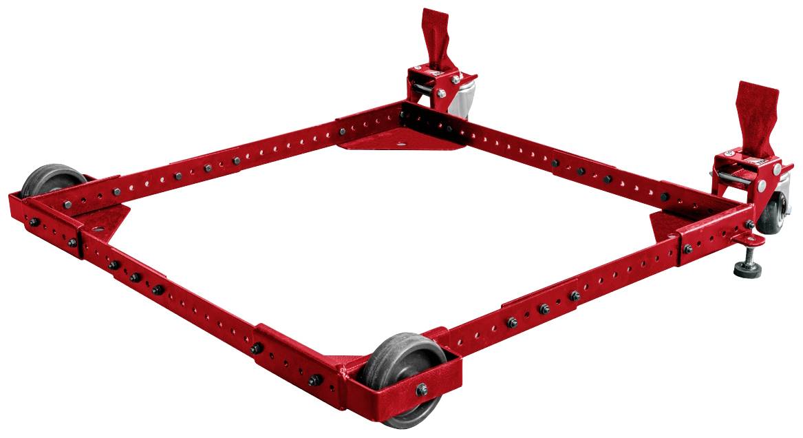 Carrello rosso con telaio regolabile e quattro ruote; adatto al trasporto di carichi pesanti in officina.