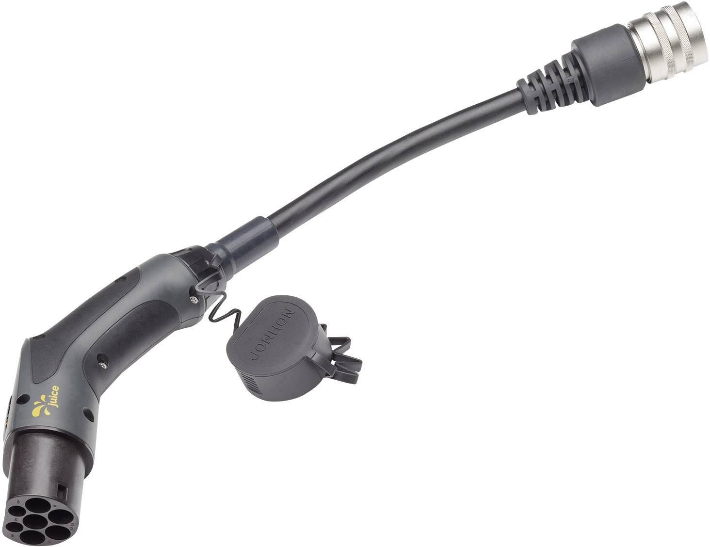 Un cavo di ricarica nero con un connettore di tipo 2, adatto per la ricarica di veicoli elettrici, è posizionato su uno sfondo bianco.