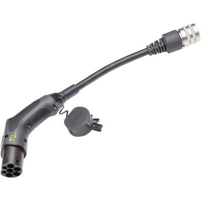Un cavo di ricarica nero con un connettore di tipo 2, adatto per la ricarica di veicoli elettrici, è posizionato su uno sfondo bianco.