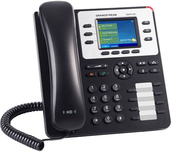 Un telefono da ufficio nero con display che mostra diversi nomi nella rubrica. Ha tasti numerici e tasti funzione.