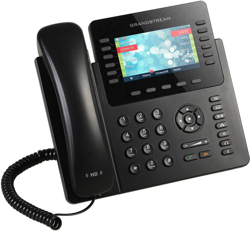 Un telefono da tavolo nero-grigio con tastiera e un display a colori. Il display mostra varie voci di menu e funzioni.