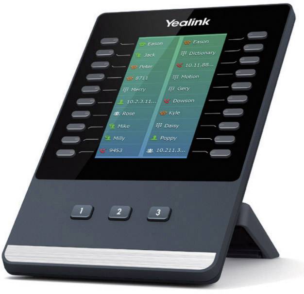 Un dispositivo telefonico ausiliario con tastiera e display digitale che mostra informazioni di contatto come nomi e numeri.