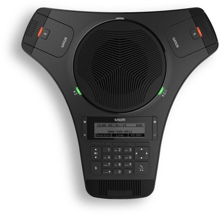 L'immagine mostra un telefono da conferenza nero a forma di triangolo con un grande altoparlante al centro e pulsanti di controllo agli angoli.