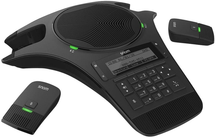 Sistema di teleconferenza con microfoni rimovibili, design nero, display e tastiera illuminati.