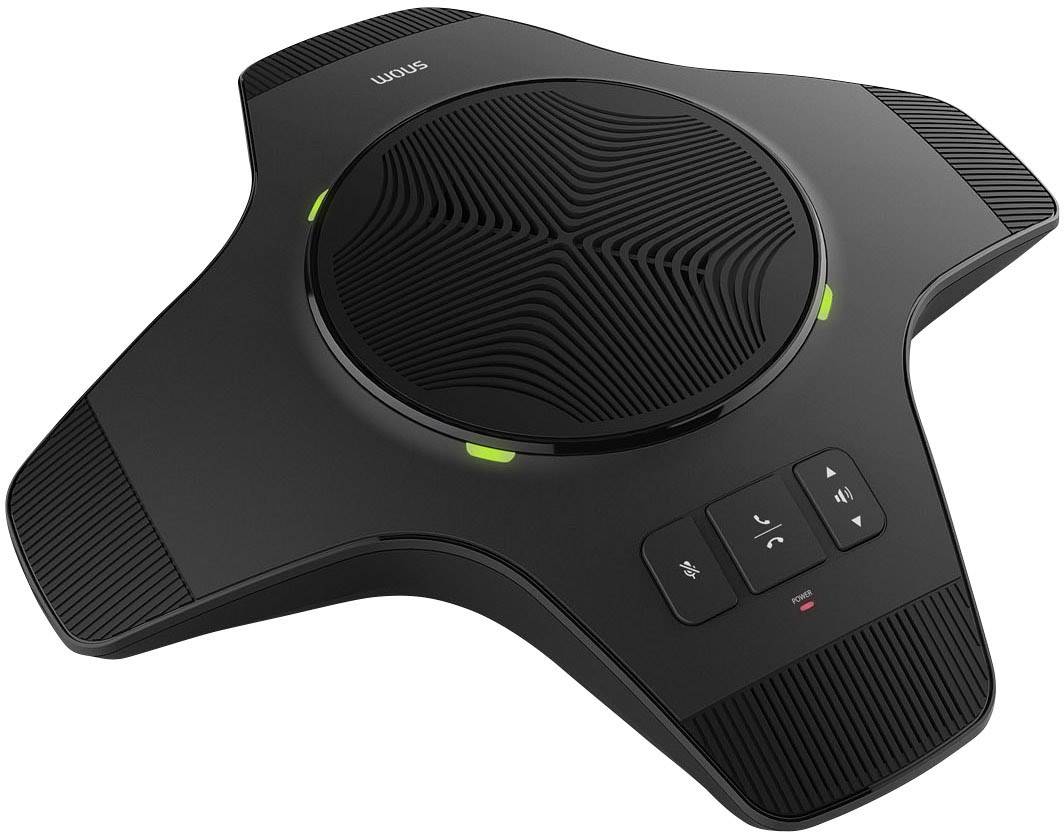 Un microfono per conferenze nero con tasti di controllo e indicatori LED verdi, adatto per videoconferenze e riunioni in sale riunioni.