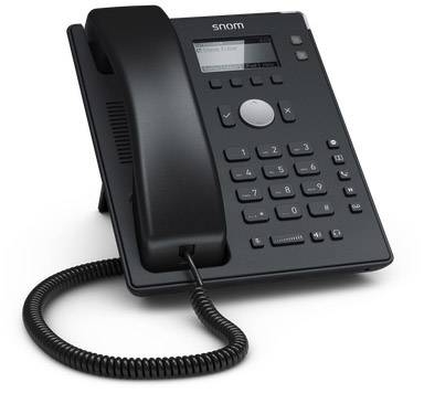 Un telefono da ufficio nero con display e tastiera. Un cavo arricciato collega il ricevitore al telefono.