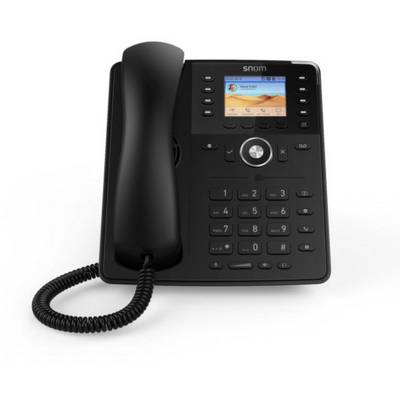 Un telefono fisso nero con display mostra i contatti e offre tasti per le chiamate, l'altoparlante e la navigazione dei menu.