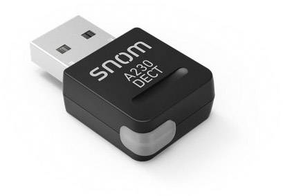 Dongle USB con etichetta 'snom A230 DECT', utilizzato per la connessione wireless DECT di telefoni o dispositivi.