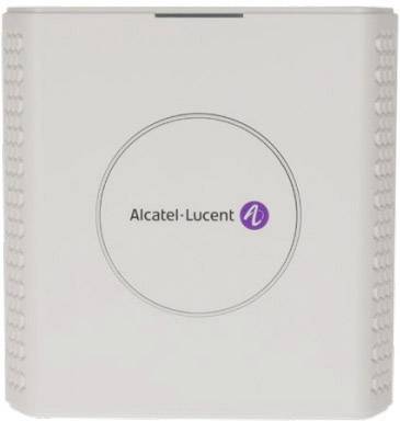 Un dispositivo quadrato bianco Alcatel-Lucent con angoli arrotondati, logo centrale e simbolo 'A' viola.