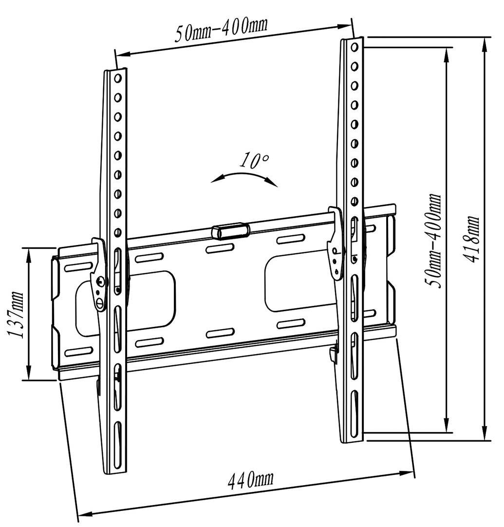 Supporto da parete per TV, regolabile da 50mm a 400mm di larghezza, altezza massima di 418mm, inclinazione di 10 gradi possibile.
