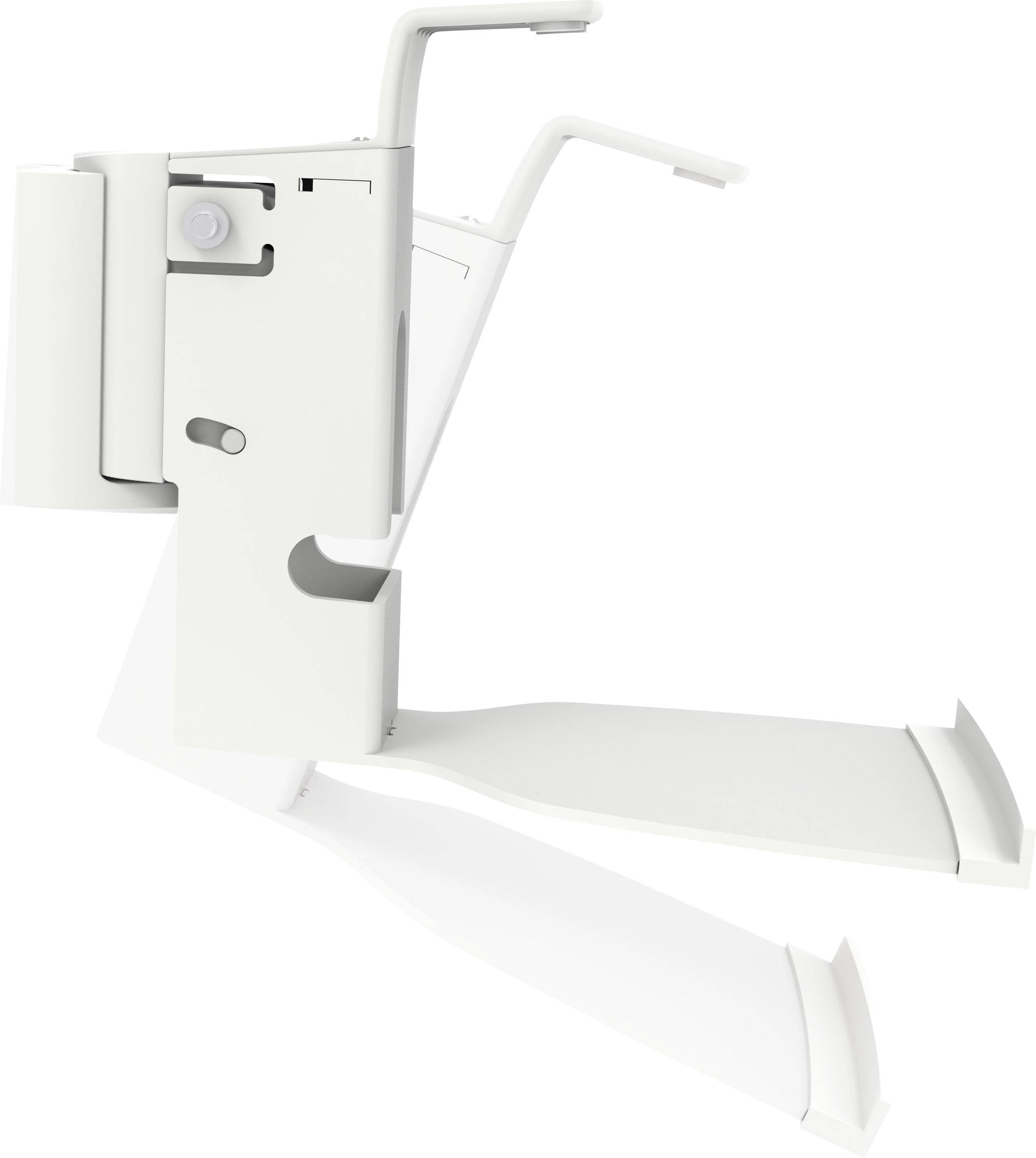 Un supporto per laptop bianco, ergonomico, realizzato in plastica con bracci regolabili, adatto per lavori da scrivania e per migliorare la postura.