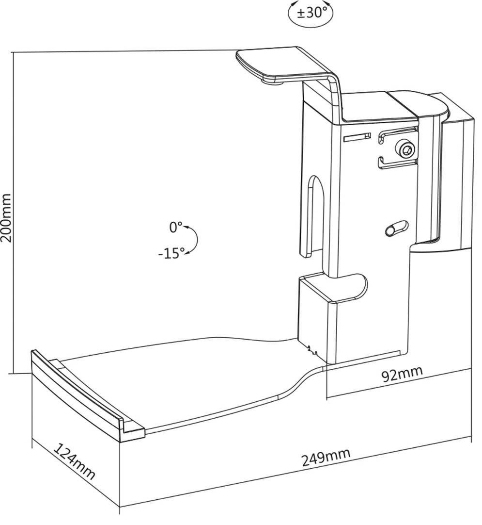 Disegno tecnico di un rubinetto con le seguenti dimensioni: altezza 200 mm, profondità 249 mm, larghezza 92 mm. Angolo di inclinazione dell'erogatore: da 0° a -15°.