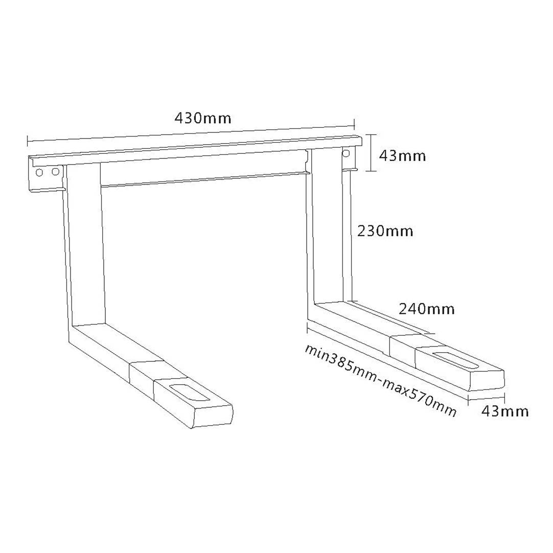 Schizzo di un supporto con dimensioni: larghezza 430 mm, altezza 230 mm. Regolabile in profondità da 385 mm a 570 mm. Spessore del braccio 43 mm, profondità 240 mm.
