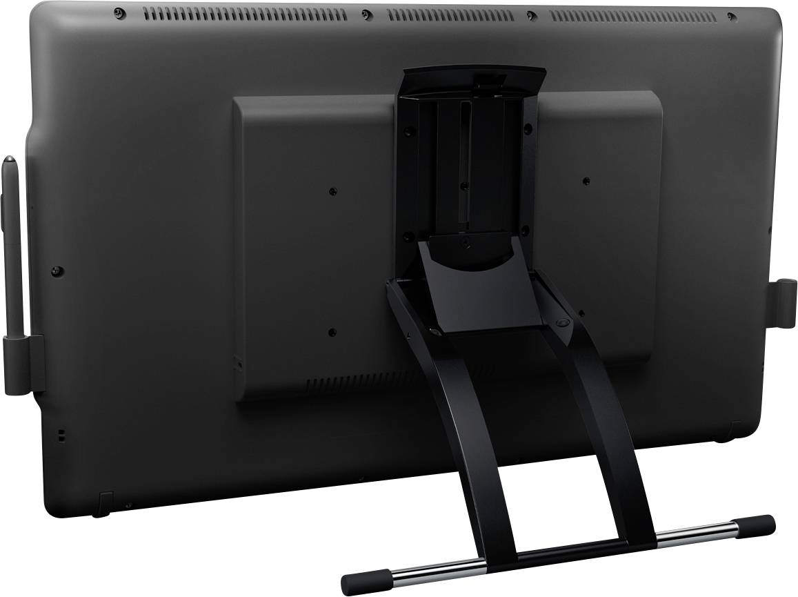 Vista posteriore di un grande schermo o tablet con supporto. Il dispositivo è nero e non mostra loghi o marchi visibili.