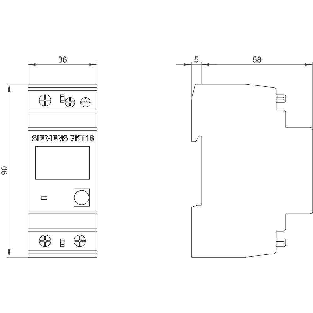 Disegno tecnico di un dispositivo Siemens 7KT16 con vista frontale e laterale. Le misure sono indicate in millimetri: 90 altezza, 36 e 58 larghezza.