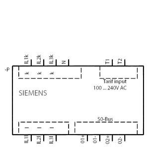 Schema di collegamento Siemens con ingressi L1, L2, L3, N; ingresso tariffario 100-240V AC; uscite O1, O2; connessione bus S0.