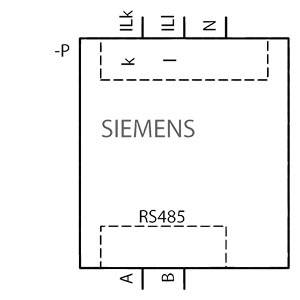 Diagramma di un dispositivo Siemens con morsetti contrassegnati come -P, k, ILK, L, N, RS485-A e B.