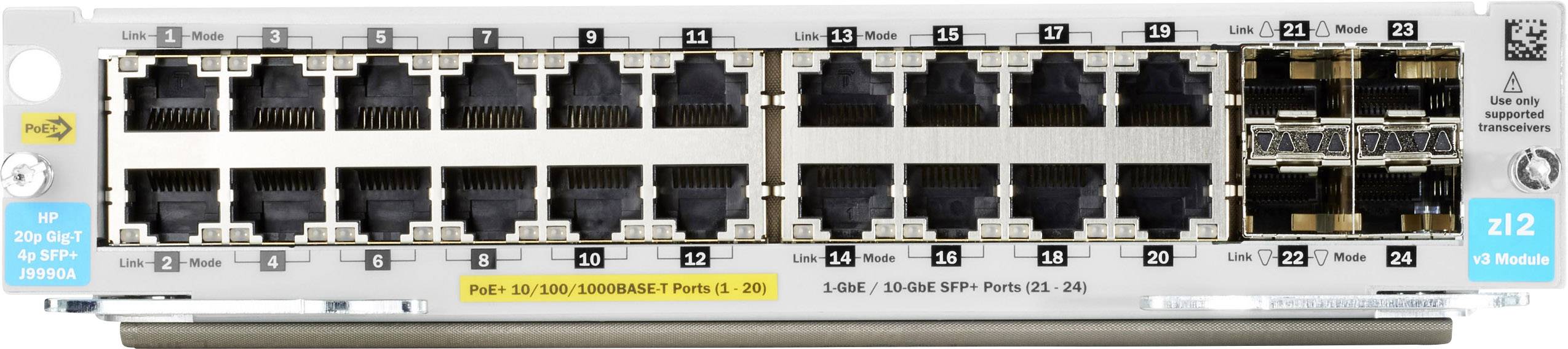 Un interruttore Ethernet con 24 porte, adatto per connessioni di rete. A sinistra è presente un'etichetta '12/24 porte'.