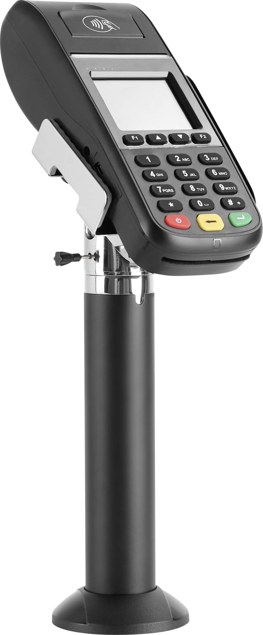 Dispositivo per pagamenti con carta su un supporto, con tasti e display in alto, adatto per pagamenti contactless.