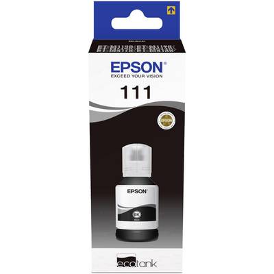 Flacone di inchiostro Epson 111 in nero sulla confezione. In alto il logo 'EPSON', sotto 'OLTRE LA TUA VISIONE', e un simbolo EcoTank.