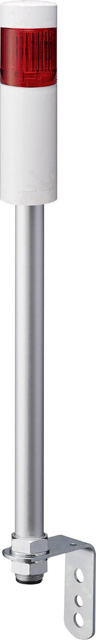Un segnale luminoso verticale rosso su un lungo palo argentato con un supporto metallico alla base, probabilmente per il montaggio su macchinari.