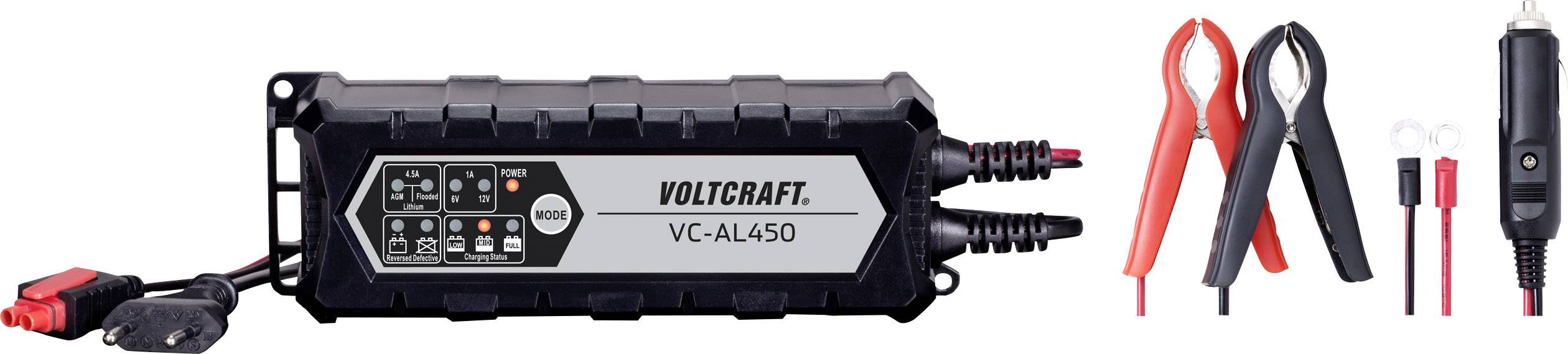 Caricabatteria Voltcraft VC-AL450 per batterie auto, con morsetti e accessori adattatori. Idoneo per diverse possibilità di connessione.