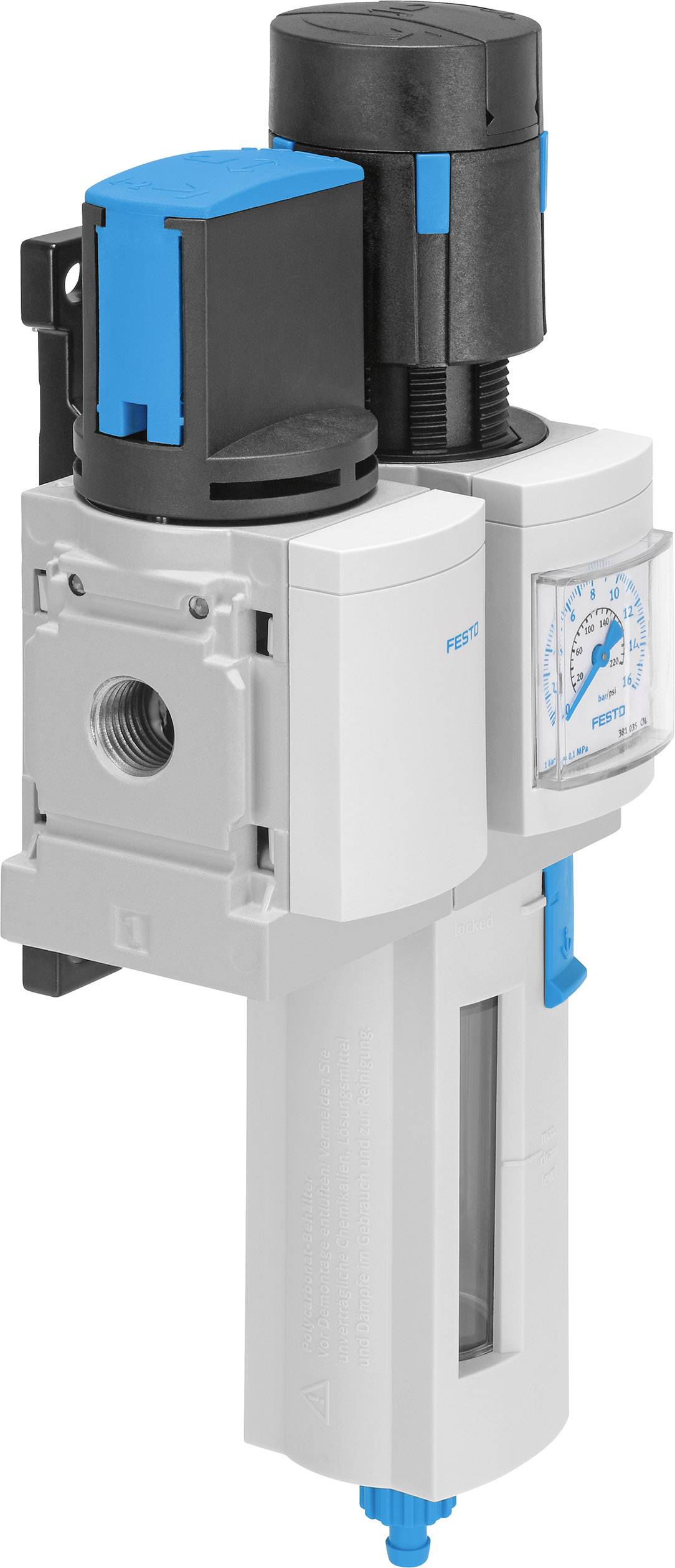 Un regolatore di filtro pneumatico con indicatore di pressione, utilizzato per controllare la pressione dell'aria in sistemi industriali.