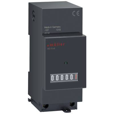 Un dispositivo elettrico nero con numeri rossi e una spia di controllo verde. Contrassegnato con 'Müller' e 'Made in Germany'.