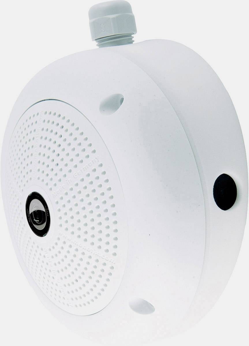 Telecamera di sicurezza rotonda bianca con una lente al centro. È adatta per una sorveglianza a 360 gradi.