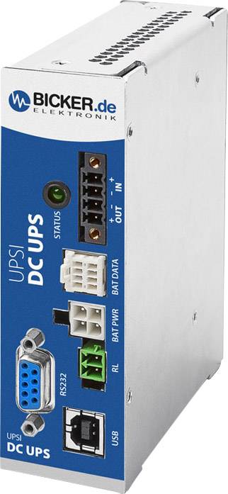 Modulo USV con etichetta blu, mostra connessioni per RS232, USB e batteria. Progettato per sistemi di alimentazione a corrente continua.