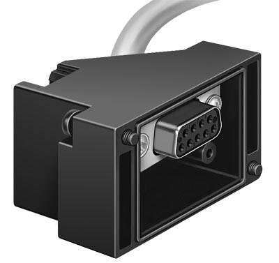 Connettore VGA nero con nove pin metallici in un alloggiamento a forma di D, collegato a un cavo grigio.