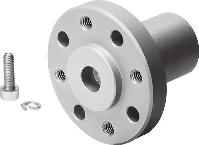 Flangia cilindrica in metallo con cinque fori filettati e un'apertura centrale, accanto a essa una vite e un anello di sicurezza.